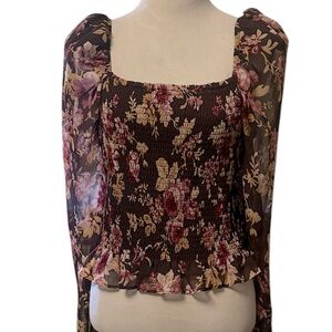 Express Floral Chiffon Smocked Top with sheer sleeves, new